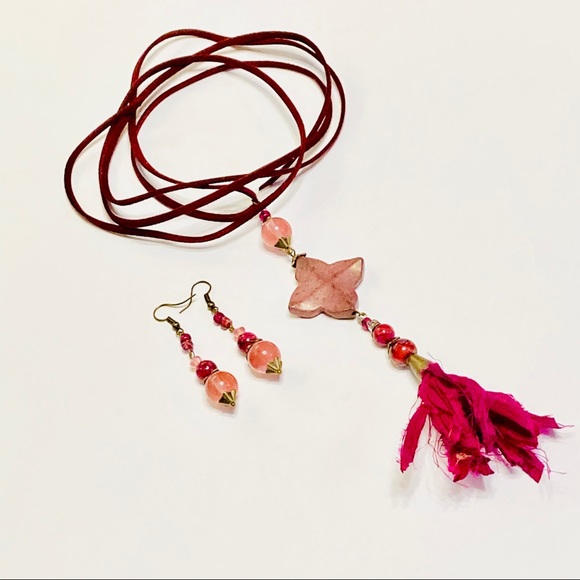 Dark Pink Mauve Rhodonite Stone Necklace & Cherry Quartz Zinfandel Earrings BOHO - Picture 11 of 15